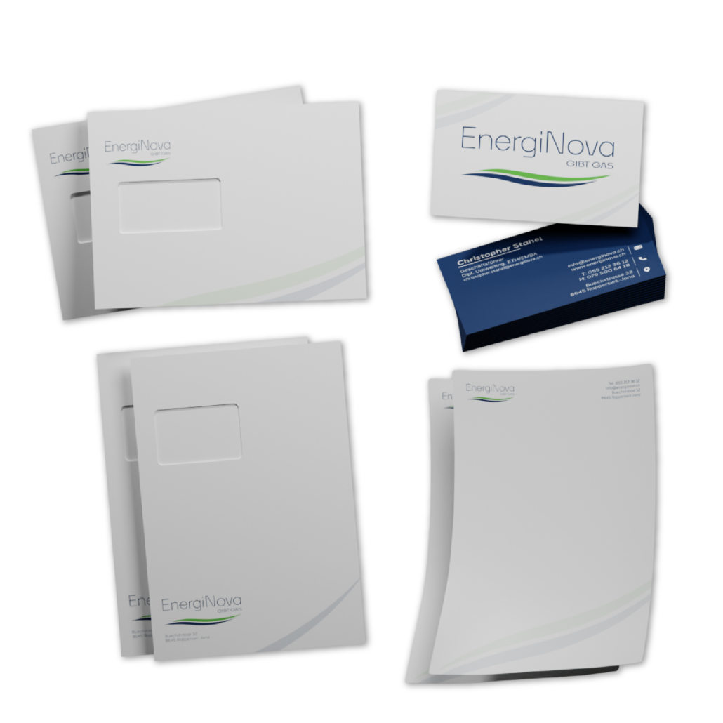 EnergiNova Branding-Design für Drucksachen, bestehend aus Briefumschlägen mit Fenster, Visitenkarten und Briefpapier, alles mit dem Logo und den Kontaktinformationen von EnergiNova.