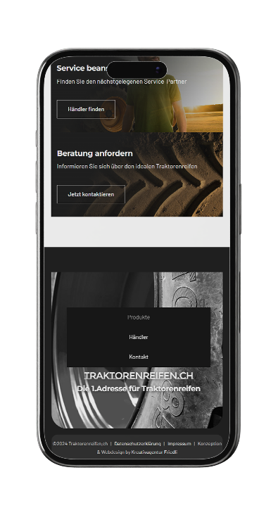 Website von Traktorenreifen.ch auf einem iPhone-Mockup, mit Optionen zur Händlerfindung, Beratung anfordern und einer Menüleiste mit Produkten, Händlern und Kontakt.
