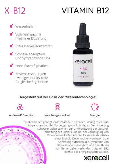 Produktblatt für Xeracell X-B12 Vitamin B12, mit Details zur Wirkung, Dosierung und Vorteilen des Produkts, einschliesslich der Vorteile für Anämie-Prävention, Knochen- und Energiefunktion.