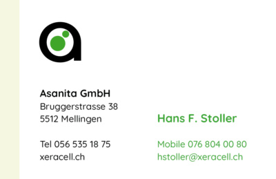 Visitenkarte von Hans F. Stoller von Asanita GmbH. Auf der linken Seite der Karte befindet sich das Asanita-Logo, ein grüner Kreis mit einem weissen 'A'. Auf der rechten Seite stehen die folgenden Kontaktinformationen: Name 'Hans F. Stoller', Firma 'Asanita GmbH', Adresse 'Bruggerstrasse 38, 5512 Mellingen', Telefonnummer 'Tel 056 535 18 75', Mobilnummer 'Mobile 076 804 00 80' und E-Mail 'hstoller@xeracell.ch'. Die Karte enthält auch die Website 'xeracell.ch'. Der Text ist grün auf weissem Hintergrund.