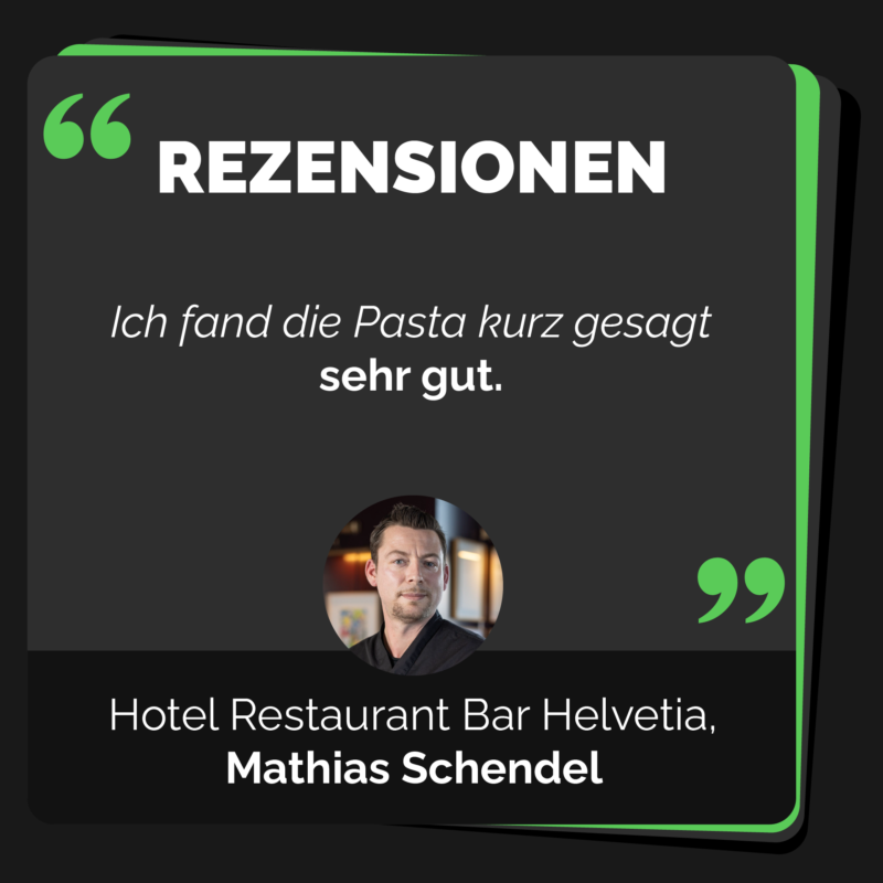 Kundenbewertung für das Tagliatelle TK Produkt von Ernst Welti und Koch, gegeben von Mathias Schendel. Der Text lautet: 'Ich fand die Pasta kurz gesagt sehr gut.' Unter dem Text befindet sich ein Foto von Mathias Schendel.