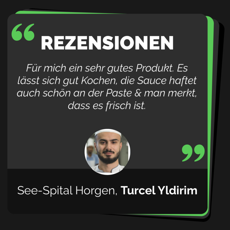 Kundenbewertung für das Tagliatelle TK Produkt von Ernst Welti und Koch, gegeben von Turcel Yldirim. Der Text lautet: 'Für mich ein sehr gutes Produkt. Es lässt sich gut kochen, die Sauce haftet auch schön an der Paste & man merkt, dass es frisch ist.' Unter dem Text befindet sich ein Foto von Turcel Yldirim.