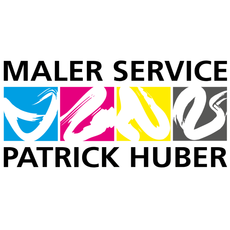 Logo für Maler Service Patrick Huber. Das Logo zeigt die Wörter 'MALER SERVICE' in Schwarz, mit vier farbigen Quadraten hinter den Buchstaben. Jedes Quadrat enthält einen Pinselstrich in einer anderen Farbe: Blau, Magenta, Gelb und Grau. Unter den Quadraten steht 'PATRICK HUBER' in fetten schwarzen Buchstaben.
