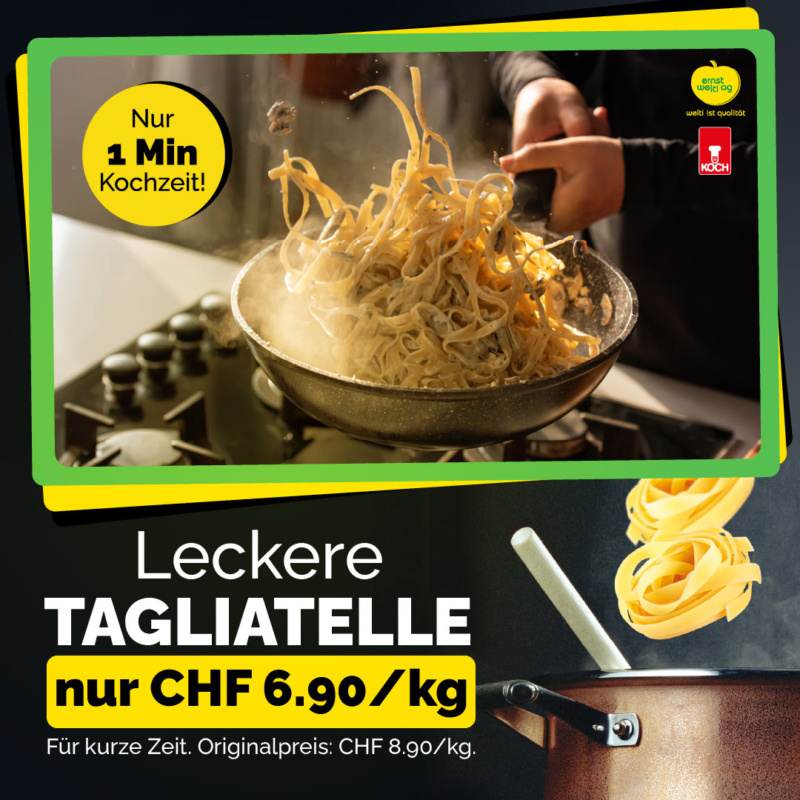 Instagram-Post für das Tagliatelle TK Produkt von Ernst Welti und Koch. Der Post zeigt eine Pfanne mit frisch zubereiteten Tagliatelle und den Text 'Nur 1 Min Kochzeit!' Darüber steht 'Leckere TAGLIATELLE nur CHF 6.90/kg', mit einem Hinweis auf die Sonderaktion: 'Für kurze Zeit. Originalpreis: CHF 8.90/kg.' Das Bild zeigt auch die Tagliatelle in einem Topf und das Logo von Ernst Welti und Koch.