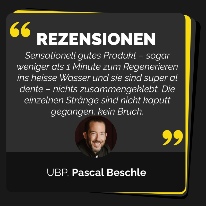 Kundenbewertung für das Tagliatelle TK Produkt von Ernst Welti und Koch, gegeben von Pascal Beschle. Der Text lautet: 'Sensationell gutes Produkt – sogar weniger als 1 Minute zum Regenerieren ins heiße Wasser und sie sind super al dente – nichts zusammengeklebt. Die einzelnen Stränge sind nicht kaputt gegangen, kein Bruch.' Unter dem Text befindet sich ein Foto von Pascal Beschle.