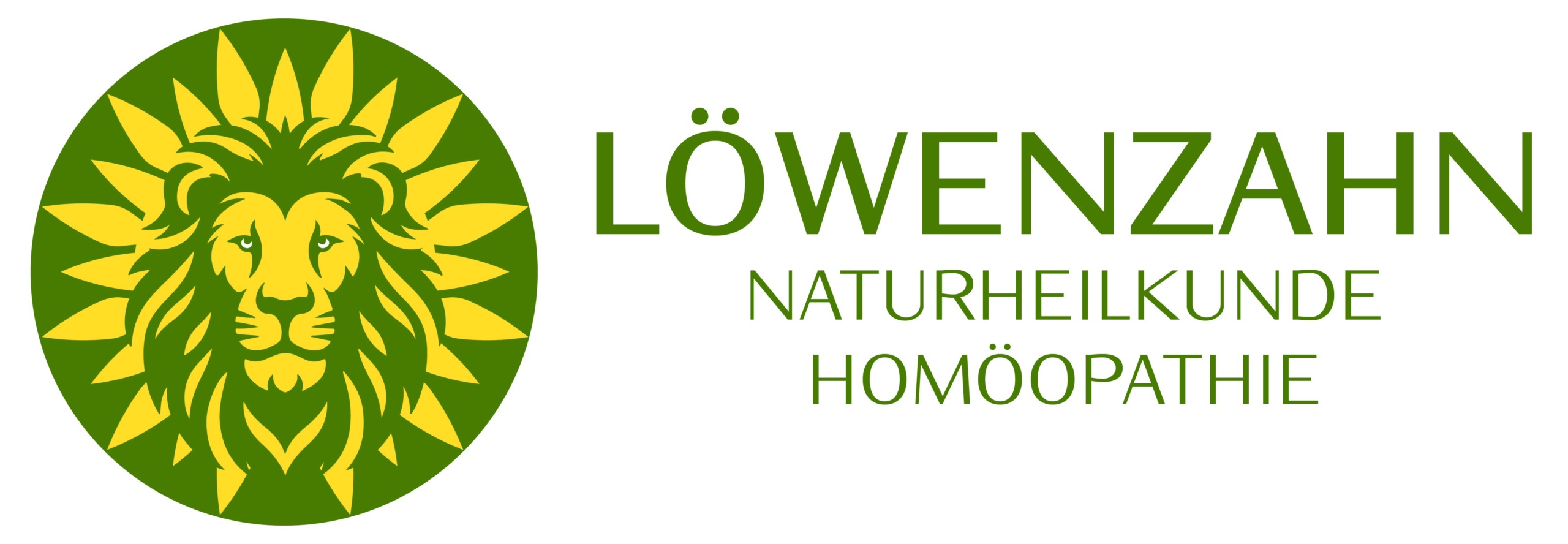 Grünes und gelbes Logo von Löwenzahn Naturheilkunde & Homöopathie: Ein stilisierter Löwenkopf in einem Kreis aus Löwenzahnblättern, daneben der Schriftzug „Löwenzahn“ in grüner Schrift mit den Unterzeilen „Naturheilkunde“ und „Homöopathie“.