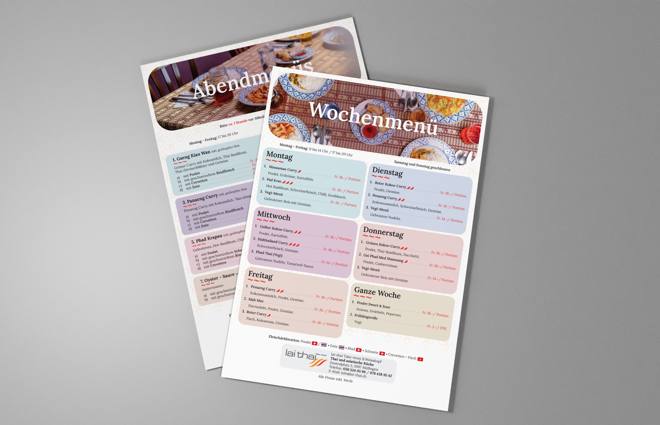 Gestaltete Speisekarten für Lai Thai mit Abend- und Wochenmenü. Die Menüs zeigen verschiedene thailändische Gerichte, aufgeteilt nach Wochentagen und Kategorien. Das Design kombiniert strukturierte Farbflächen mit Essensfotos im Hintergrund.