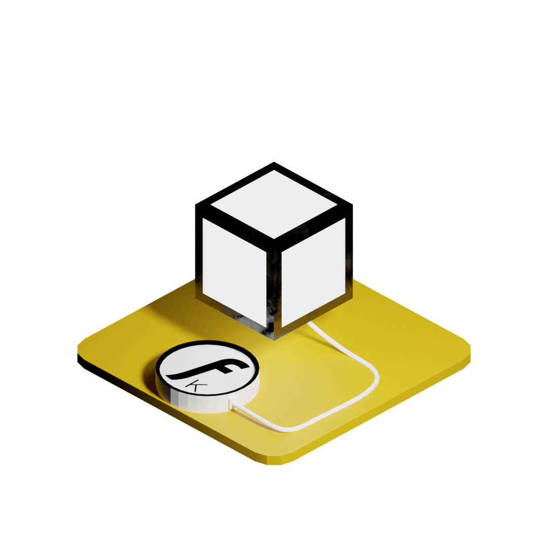 3D-Icon auf gelber Basisfläche mit einem weissen Würfel, verbunden mit dem Kreativagentur Friedli Logo (FK) im Kreis. Modernes Symbol für den Bereich 3D-Design und Visualisierungen.