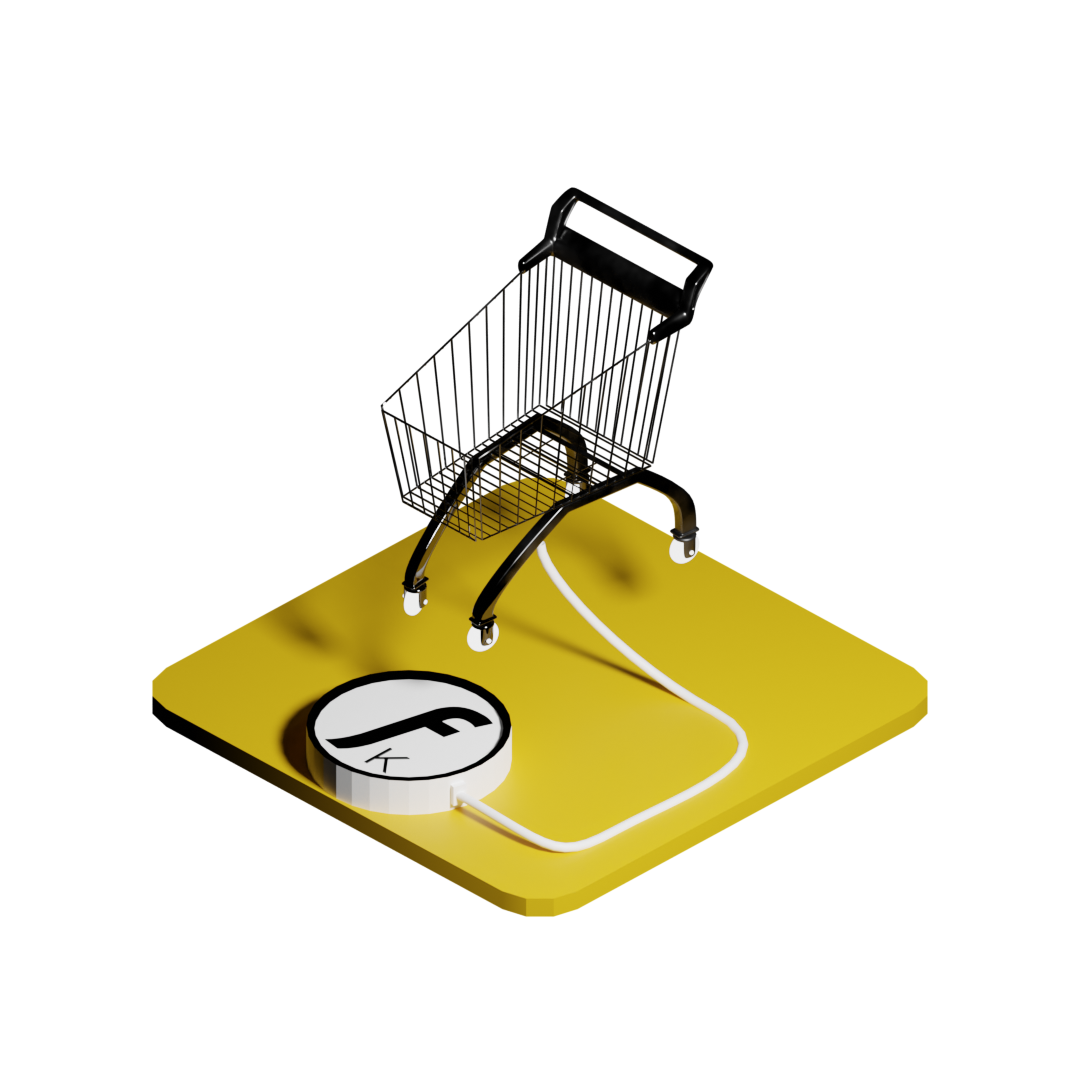 3D-Icon auf gelber Basisfläche mit einem schwarzen Einkaufswagen, verbunden mit dem Kreativagentur Friedli Logo (FK) im Kreis. Modernes Symbol für den Bereich E-Commerce und Online-Shops.