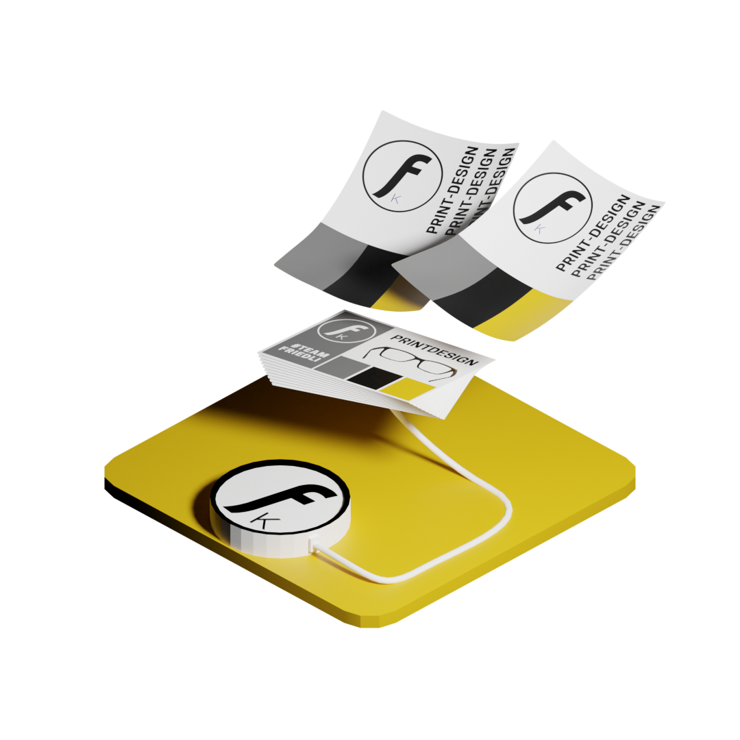 3D-Icon auf gelber Basisfläche mit fliegenden Papierblättern, die das FK-Logo und den Schriftzug „Printdesign“ zeigen. Modernes Symbol für den Bereich Printdesign und Druckmedien.