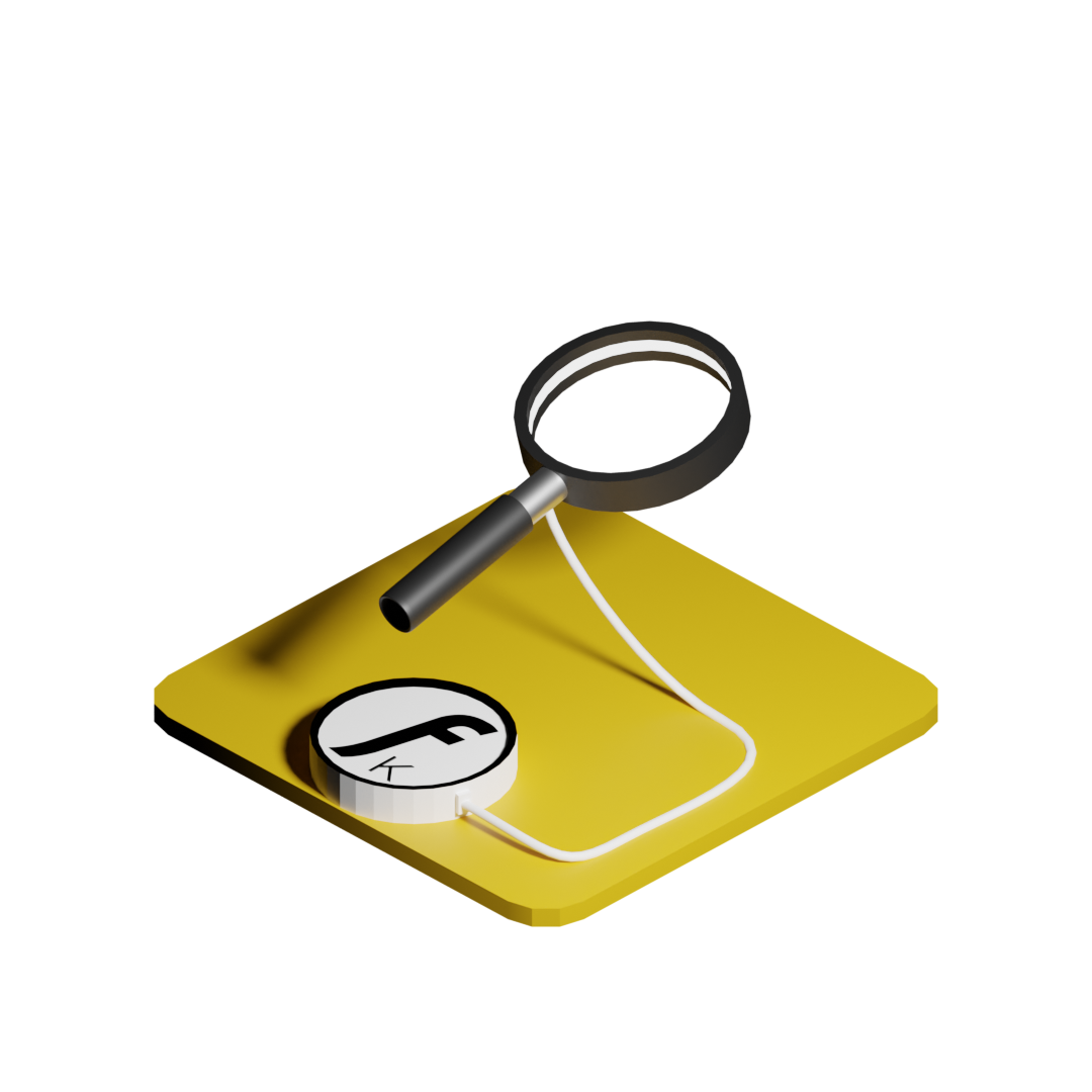 3D-Icon auf gelber Basisfläche mit einer schwarzen Lupe, verbunden mit dem Kreativagentur Friedli Logo (FK) im Kreis. Modernes Symbol für den Bereich SEO und Suchmaschinenoptimierung.