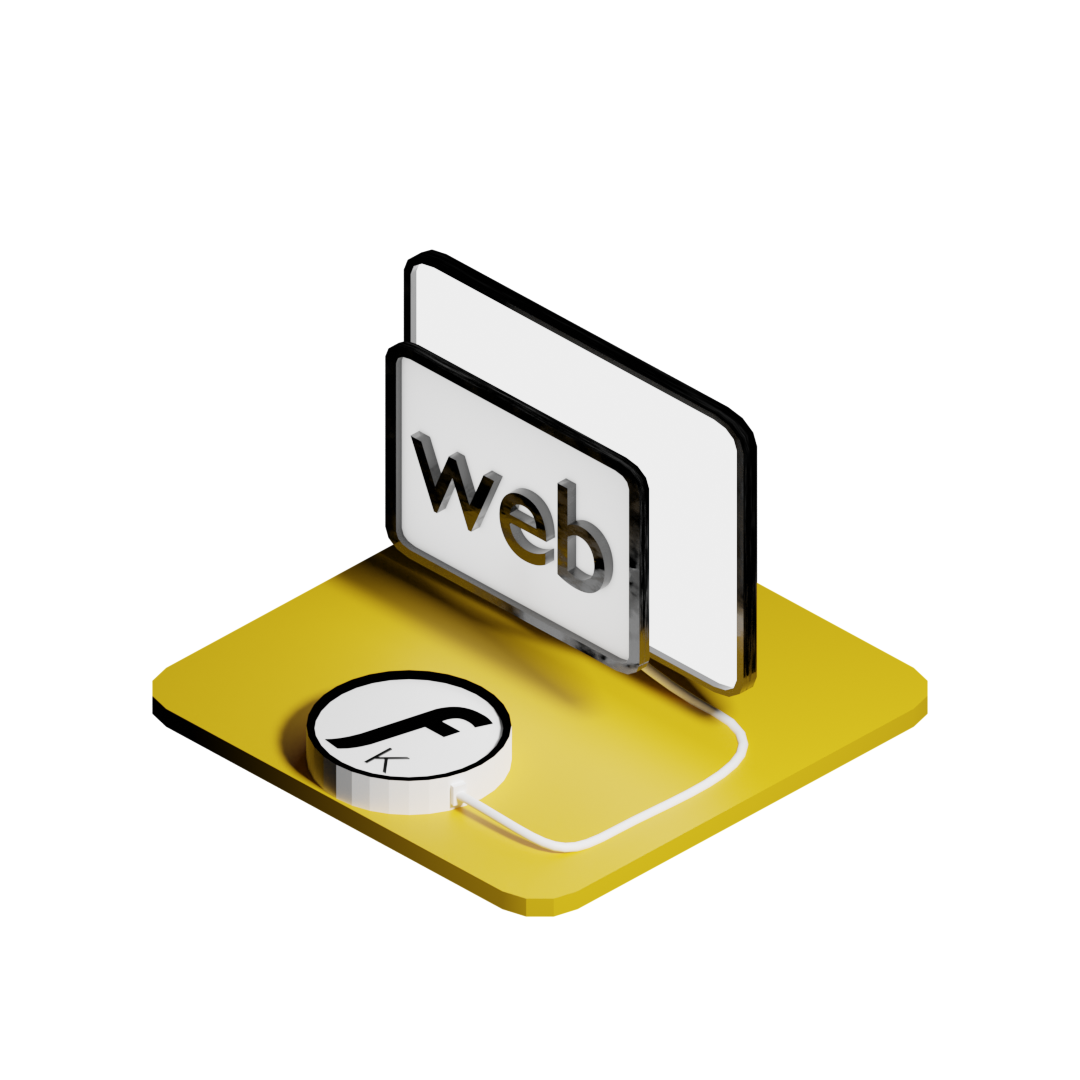 3D-Icon auf gelber Basisfläche mit der Aufschrift „web“ in schwarzen Buchstaben und dem Kreativagentur Friedli Logo (FK) im Kreis. Modernes Symbol für den Bereich Webdesign.