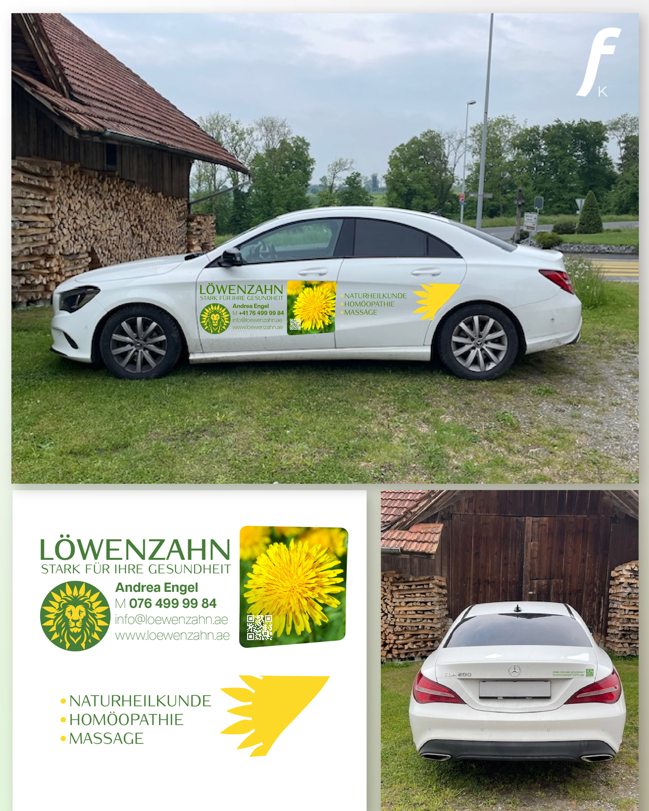 Fahrzeugbeschriftung für die Löwenzahn Naturheilpraxis auf einem weissen Mercedes, ergänzt durch das Löwenzahn-Logo, Kontaktinformationen und Leistungsangebote wie Naturheilkunde, Homöopathie und Massage. Dazu ein Detailbild der Visitenkarten-Gestaltung und die Rückansicht des beschrifteten Autos vor einem Holzstapel.